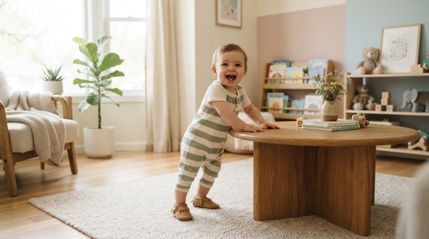 Baby pulling up to stand holding onto low table