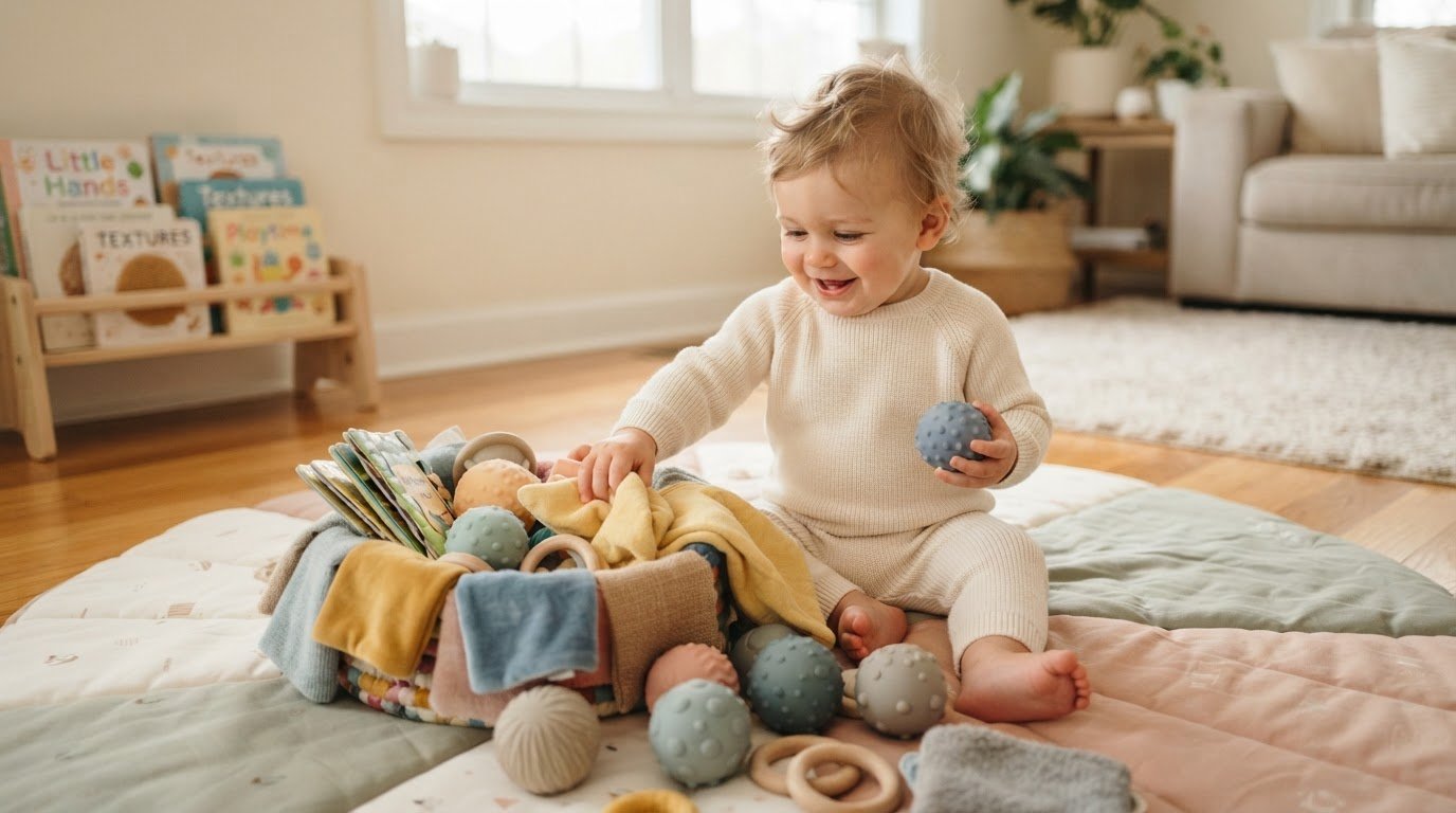 Baby exploring sensory play with safe textured objects on play mat