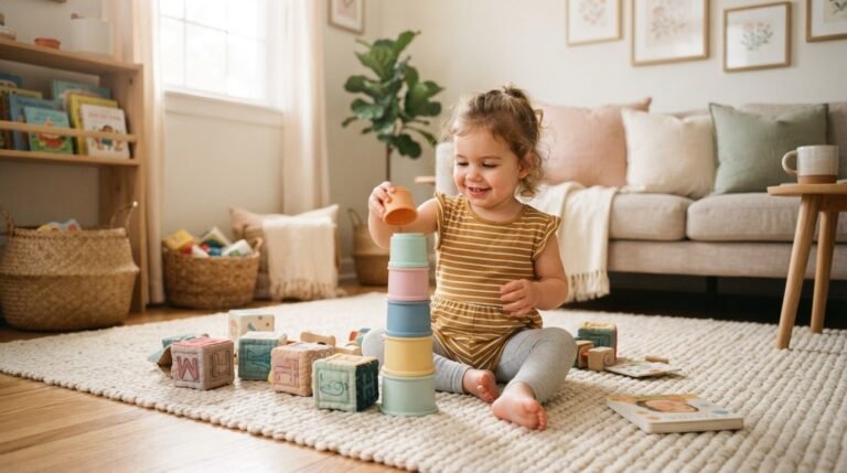 Toddler playing with stacking cups and blocks on floor in cozy living room