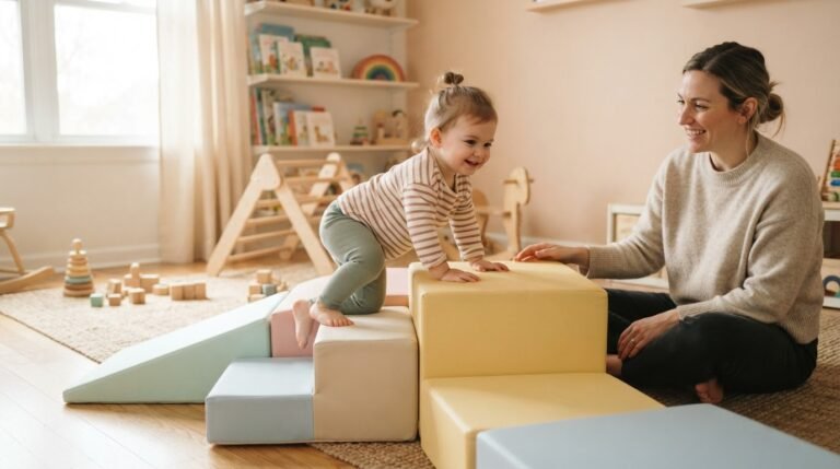 15-month-old toddler safely climbing on soft foam blocks with parent supervision
