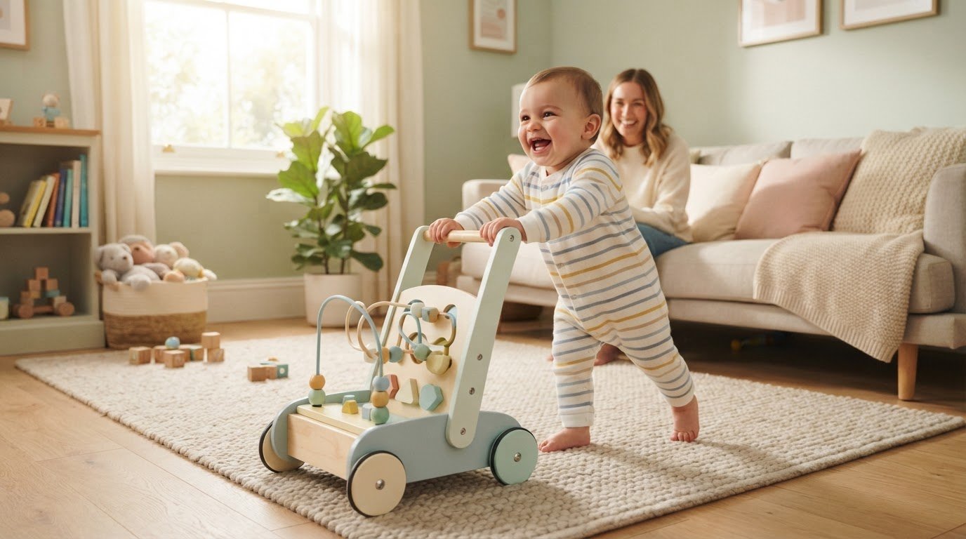Baby pushing a walker toy across carpet taking supported steps