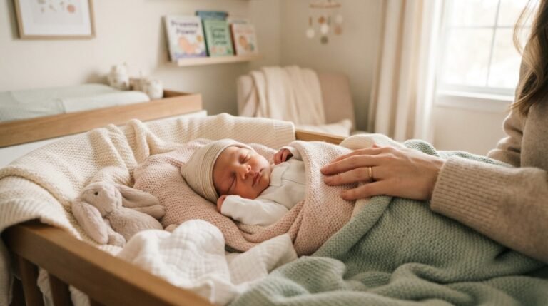 Premature baby resting peacefully in cozy nursery with soft blankets