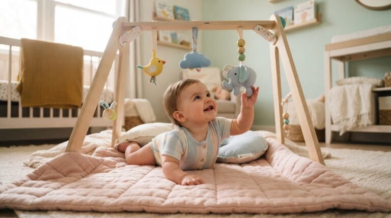 Baby with limited mobility reaching for colorful hanging toys