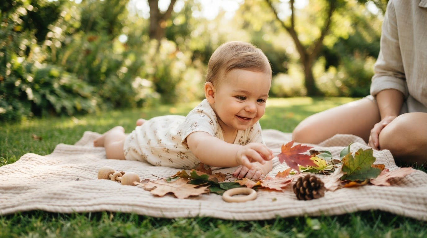 Baby on blanket outdoors on green lawn looking at leaves