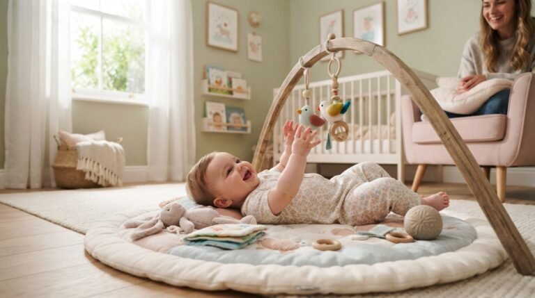 6-month-old baby on play mat during supervised floor time