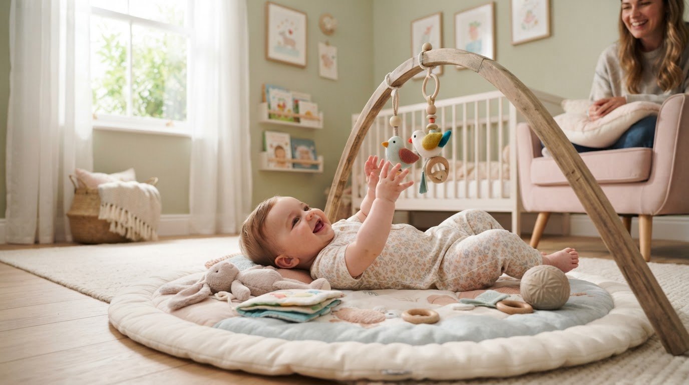 6-month-old baby on play mat during supervised floor time