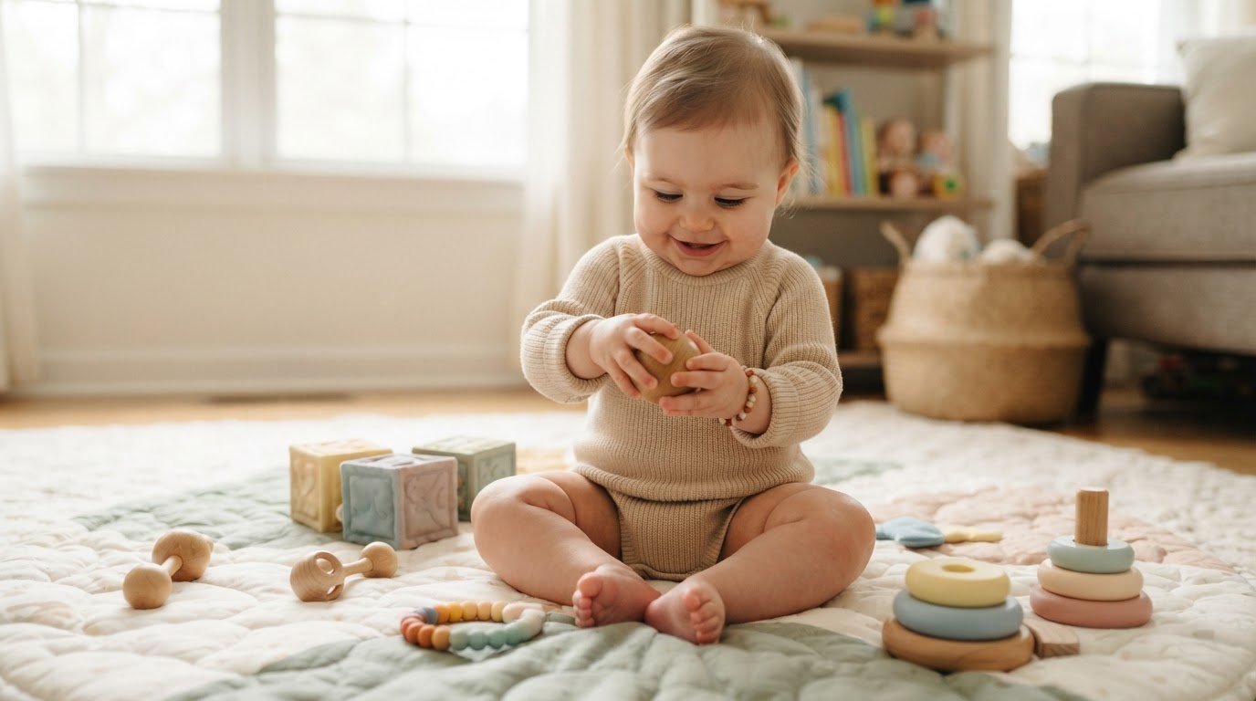 Baby practicing fine motor skills grasping toys on play mat