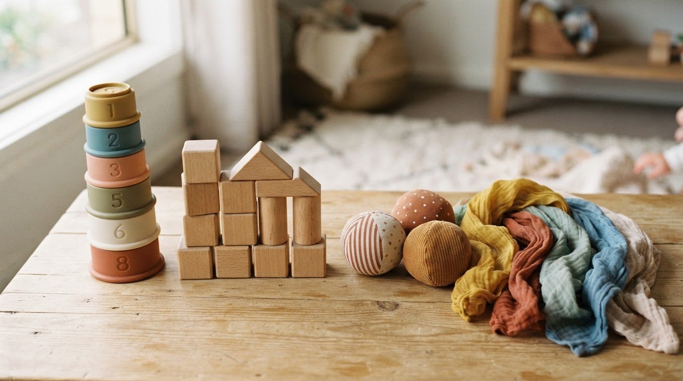 Collection of open-ended toys including stacking cups blocks and soft balls