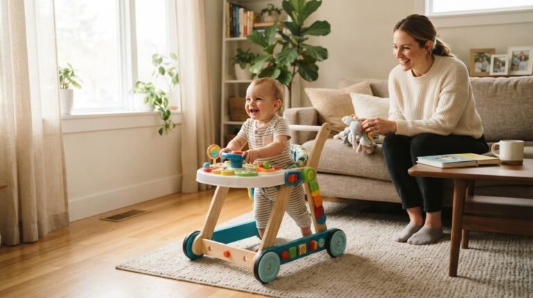 Baby in wheeled walker toy in living room with parent nearby