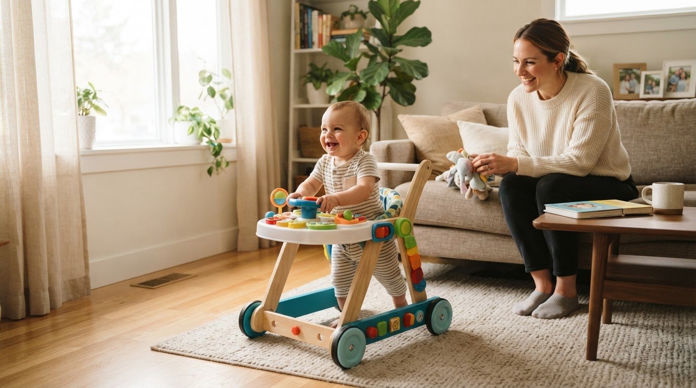 Baby in wheeled walker toy in living room with parent nearby