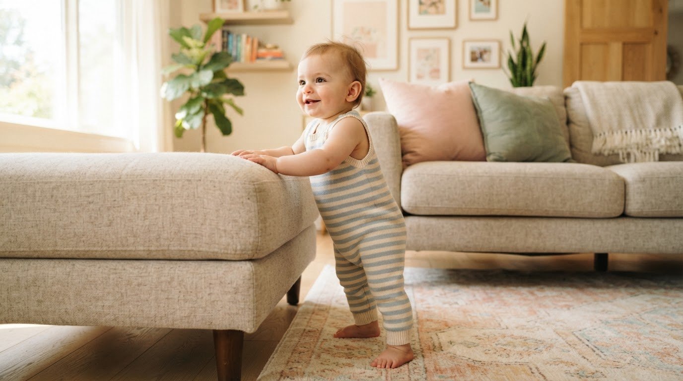 Baby standing confidently holding onto couch looking around
