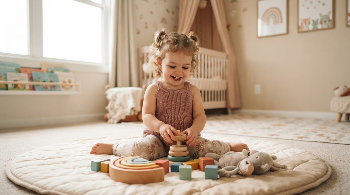 Toddler sitting in W-sitting position on play mat playing with toys