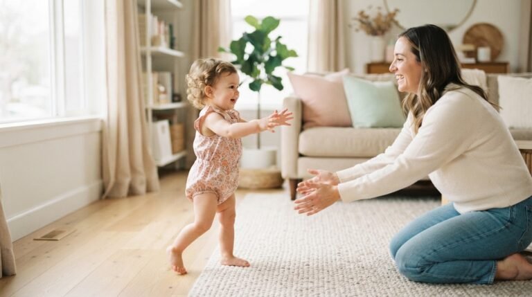 12-month-old toddler taking first steps with parent