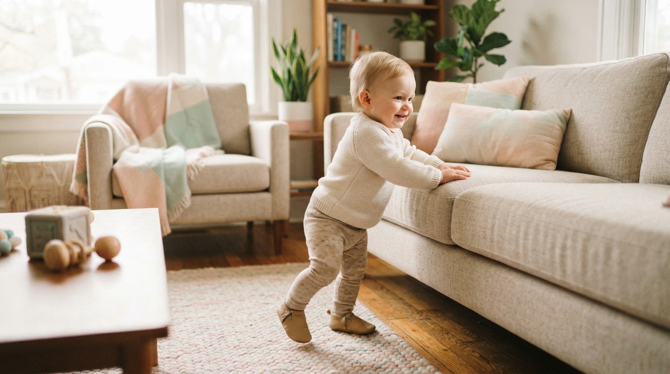 Baby cruising along couch holding onto furniture