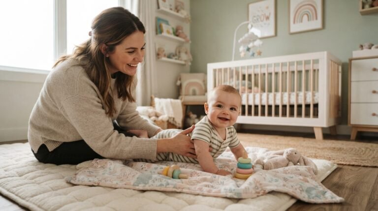 Baby doing tummy time comfortably on blanket with parent support