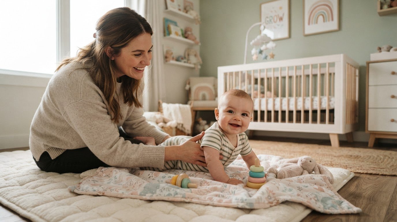 Baby doing tummy time comfortably on blanket with parent support