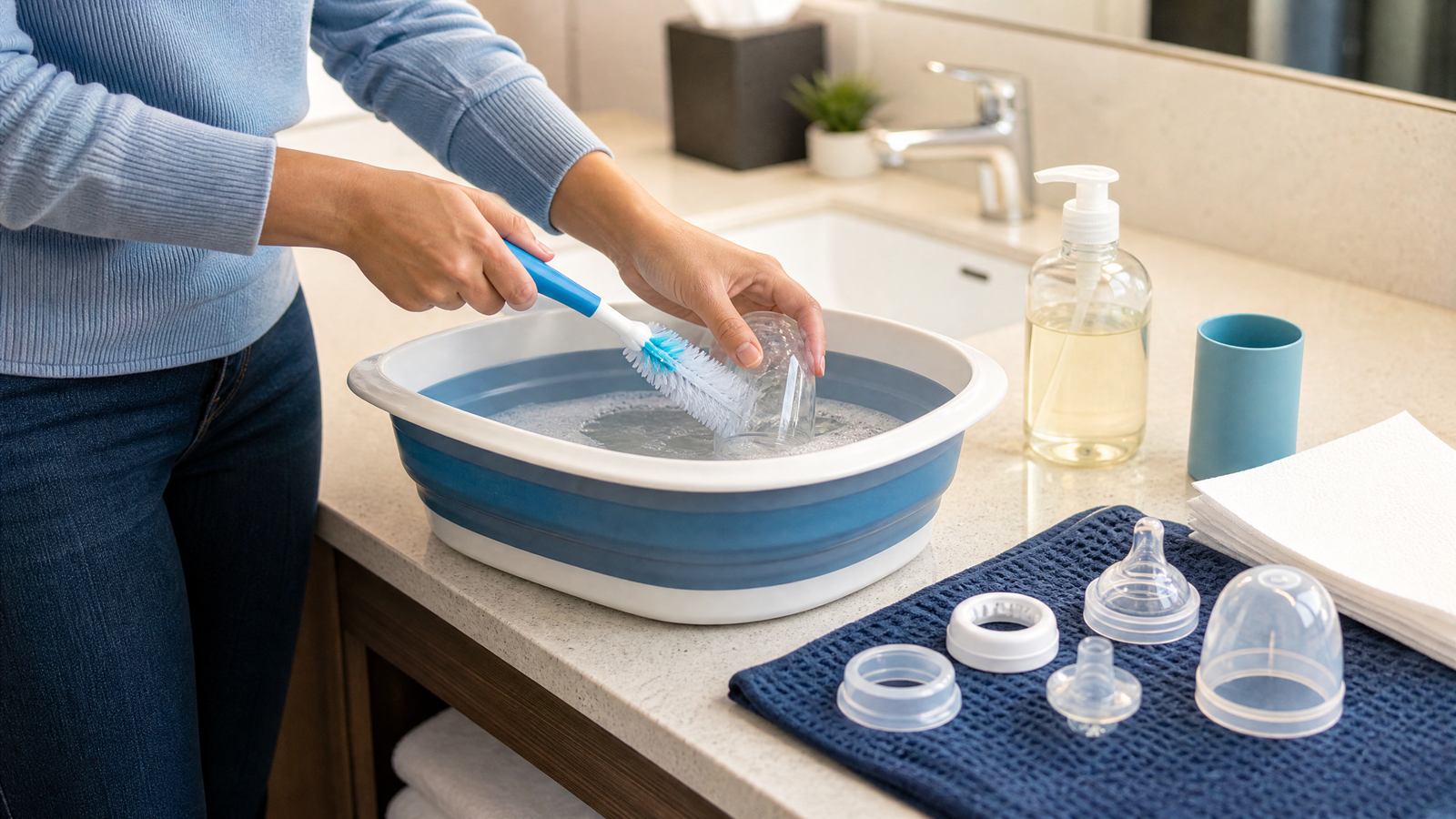 Parent washing disassembled baby bottles in a clean basin inside a hotel room