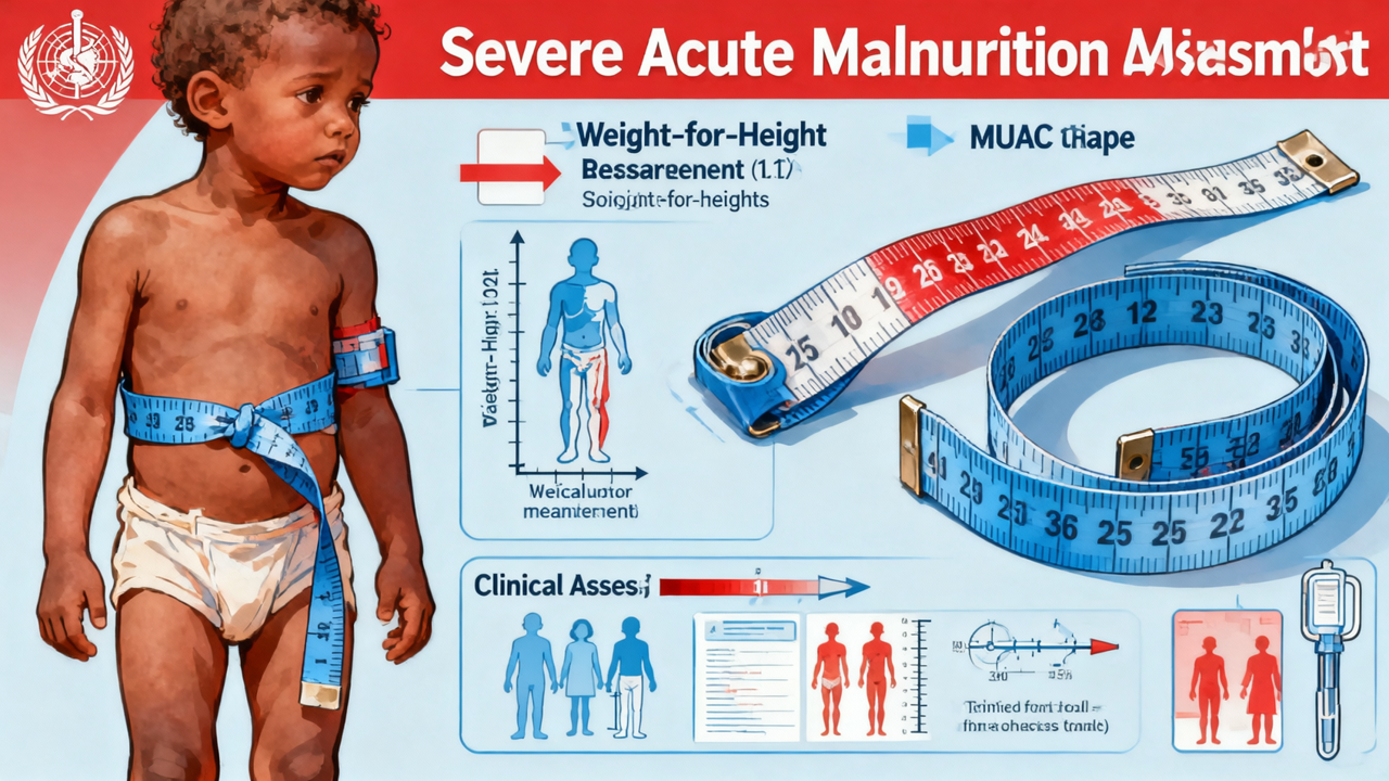 Severe acute malnutrition assessment showing MUAC tape and clinical tools