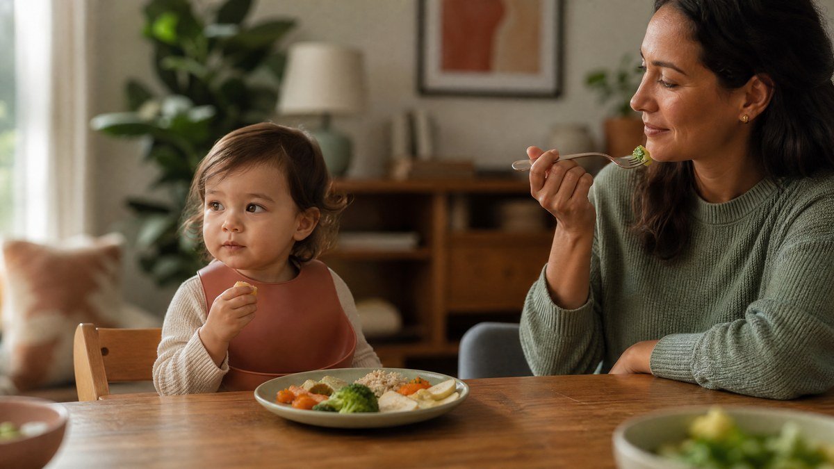 Toddler sitting at a family dinner table with a small balanced plate
