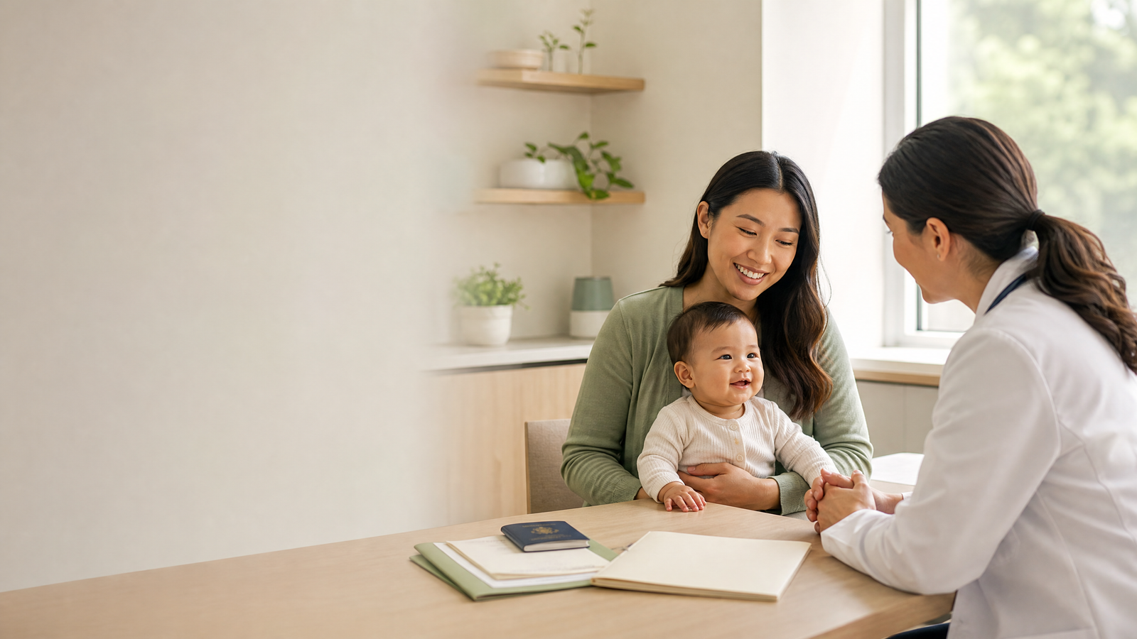 Parent discussing travel vaccines for a baby with a pediatrician before an international trip