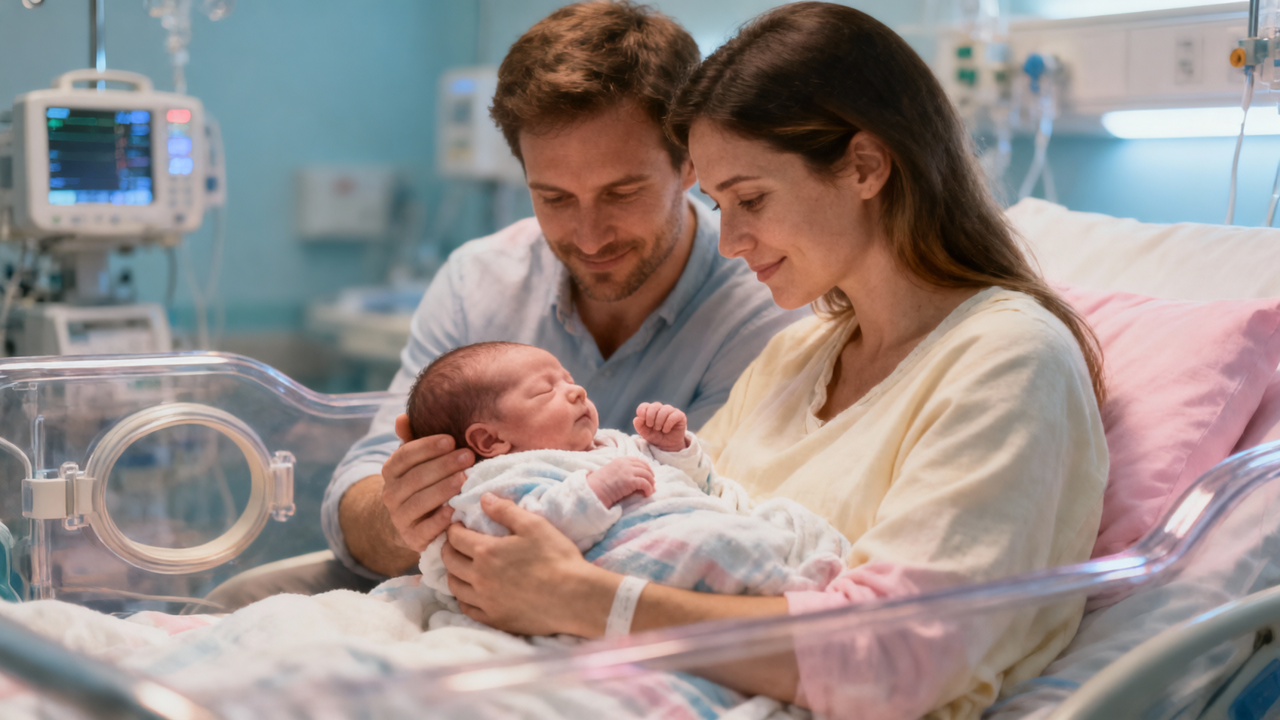 Parents holding their newborn baby in a neonatal intensive care unit