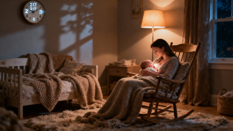 Mother peacefully breastfeeding baby during nighttime feeding