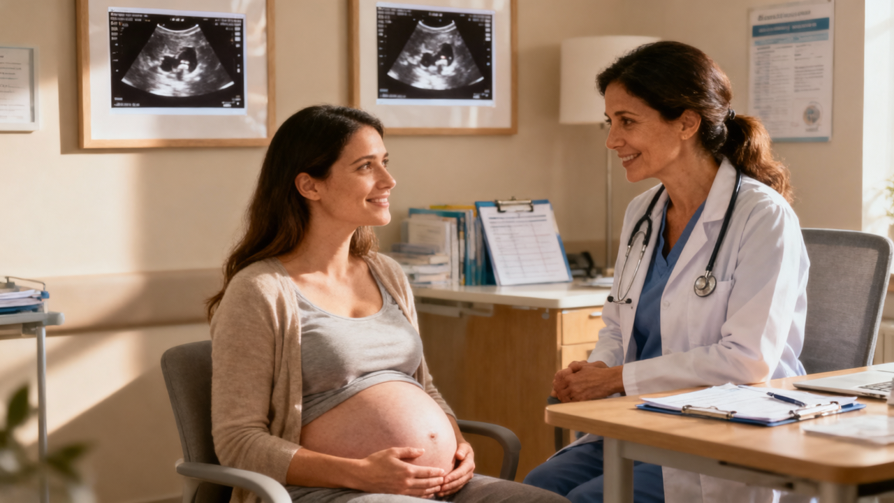 Pregnant mother consulting with doctor about vaginal birth after cesarean