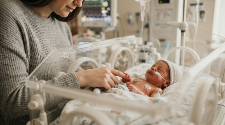 Parent touching premature baby through NICU incubator