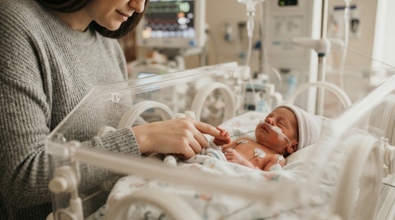 Parent touching premature baby through NICU incubator