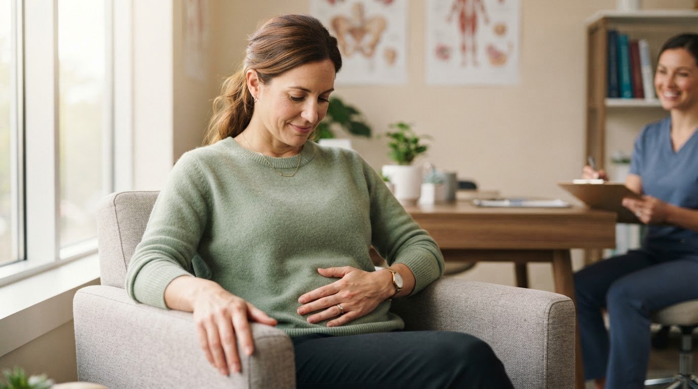 Woman with hand on lower abdomen representing pelvic health awareness