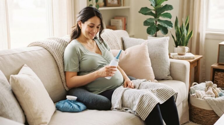 New mother recovering comfortably at home after vaginal birth
