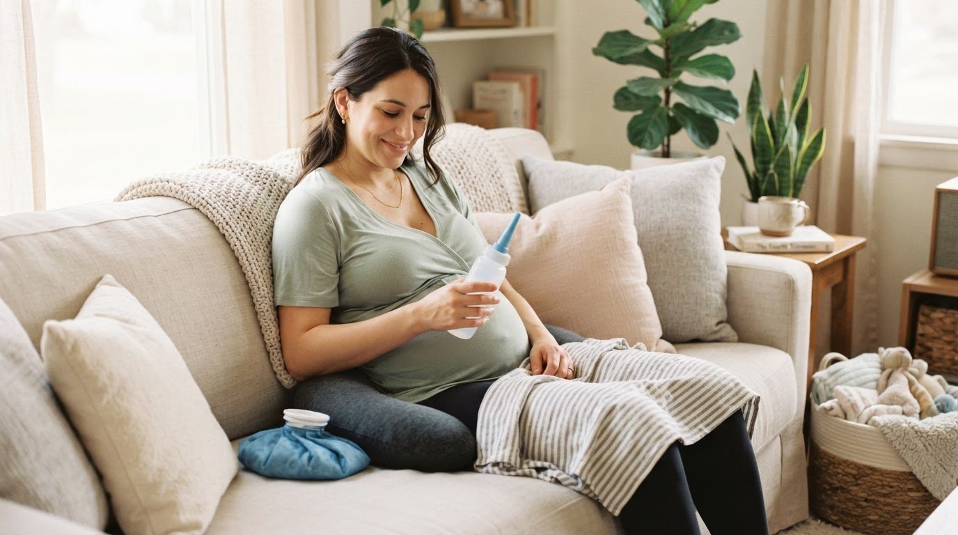 New mother recovering comfortably at home after vaginal birth