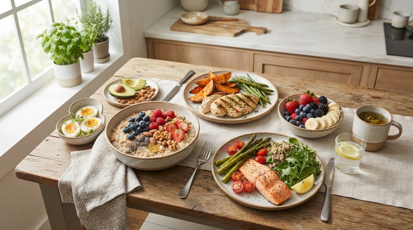 Healthy postpartum meal spread with protein, fruits, and whole grains