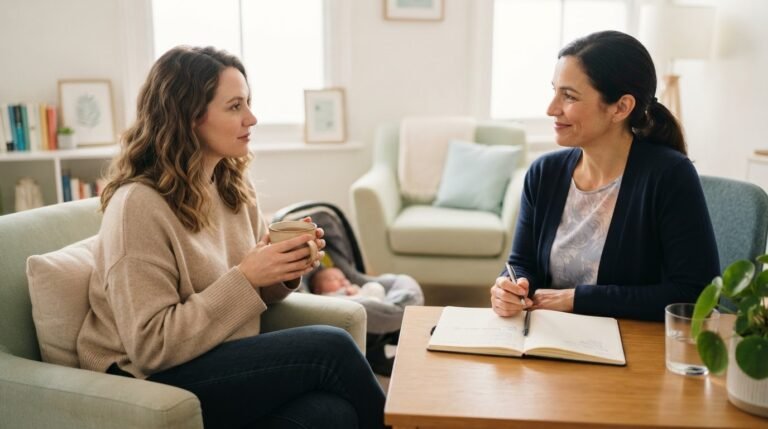 New mother discussing mental health with healthcare provider