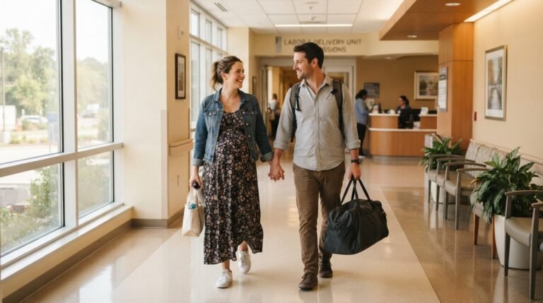 Pregnant woman arriving at hospital for labor induction