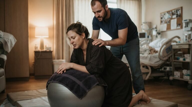 Pregnant woman using birth ball during labor