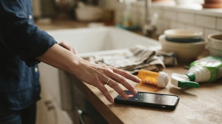 Parent reaching for phone during baby poisoning emergency