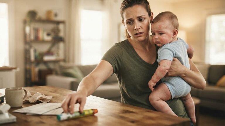 Parent holding baby with hives during severe allergic reaction