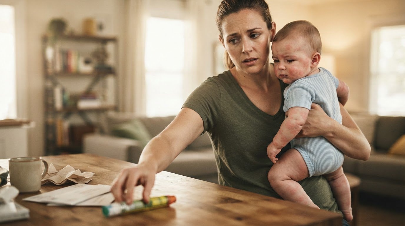 Parent holding baby with hives during severe allergic reaction