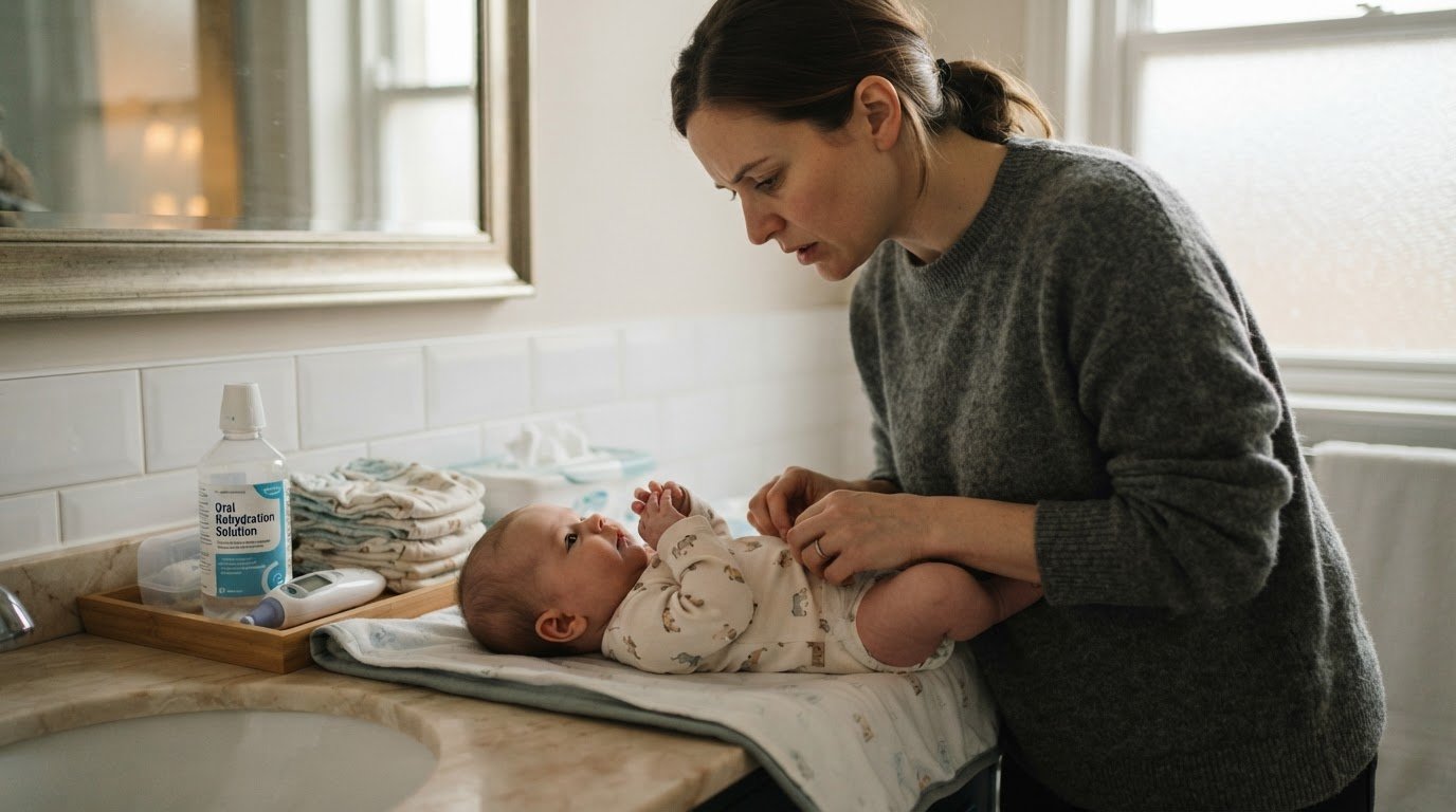 Parent checking baby's wet diaper for dehydration signs