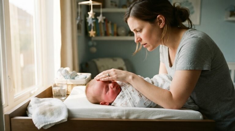 Parent checking flushed baby for heat stroke signs