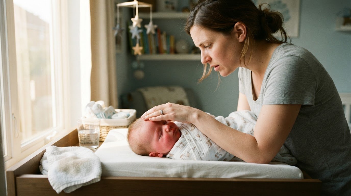 Parent checking flushed baby for heat stroke signs