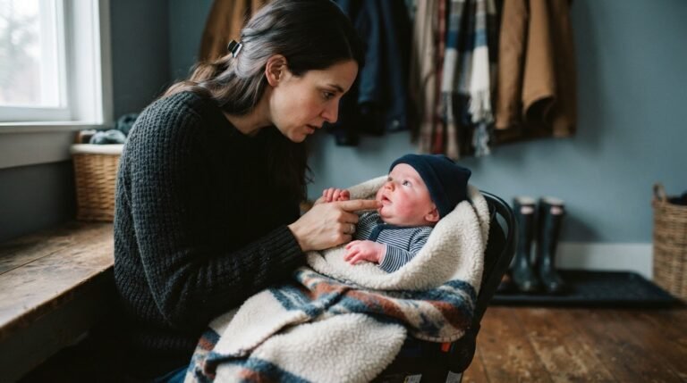 Parent checking baby's cheek for cold injury signs