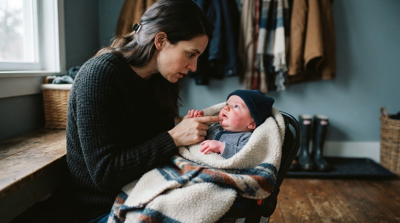 Parent checking baby's cheek for cold injury signs