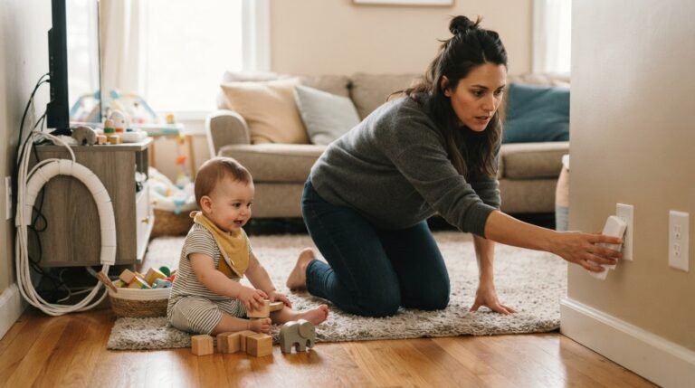 Parent childproofing electrical outlets for baby safety