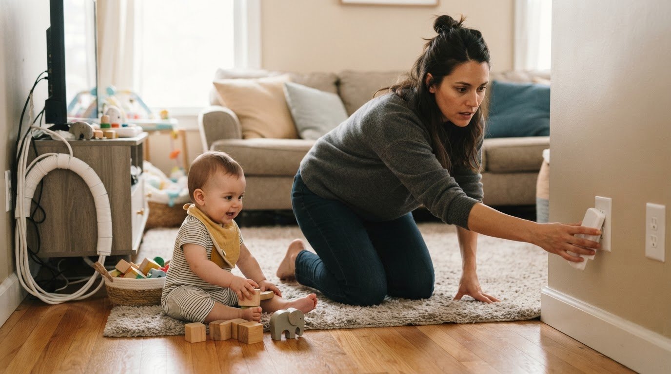 Parent childproofing electrical outlets for baby safety