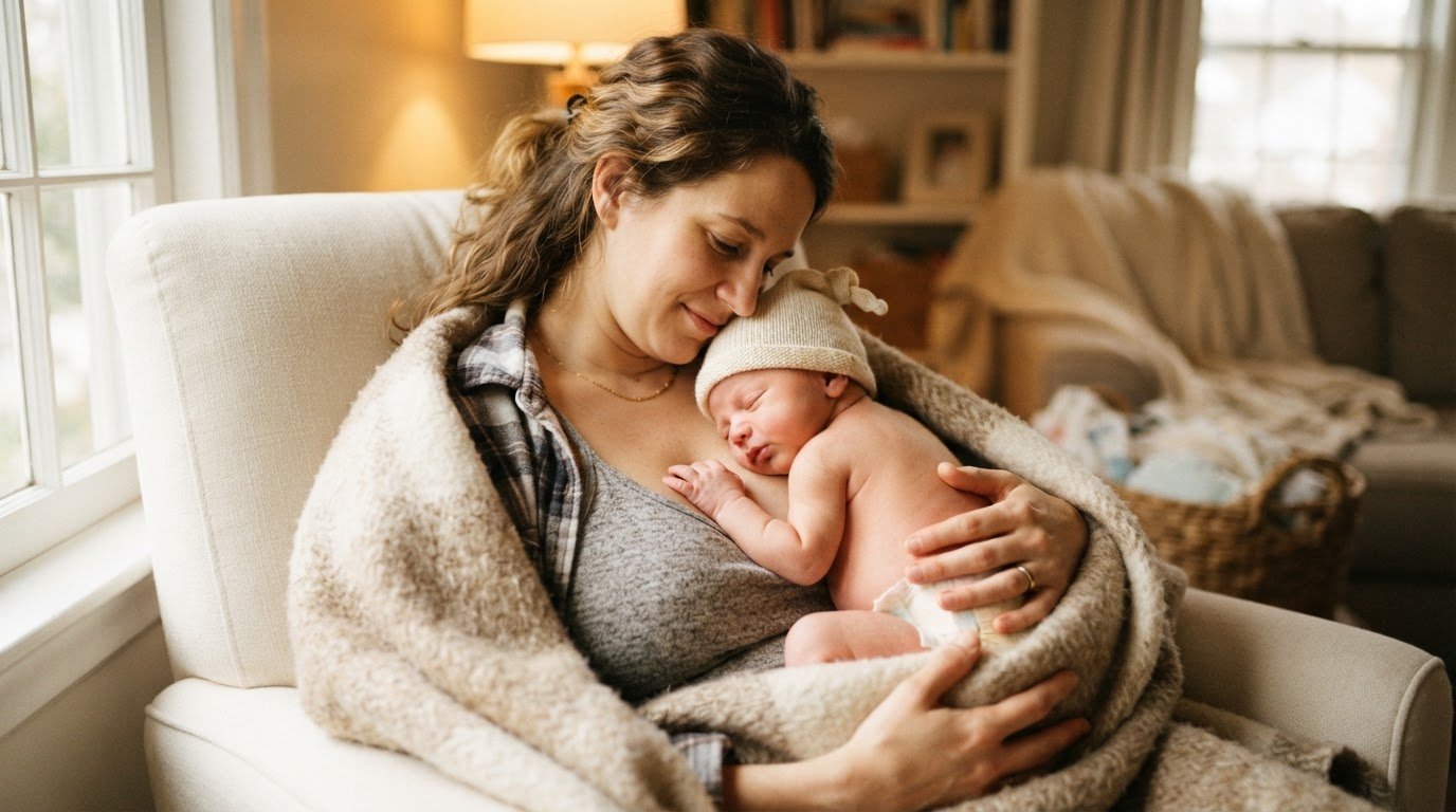 Parent doing skin-to-skin contact to warm newborn