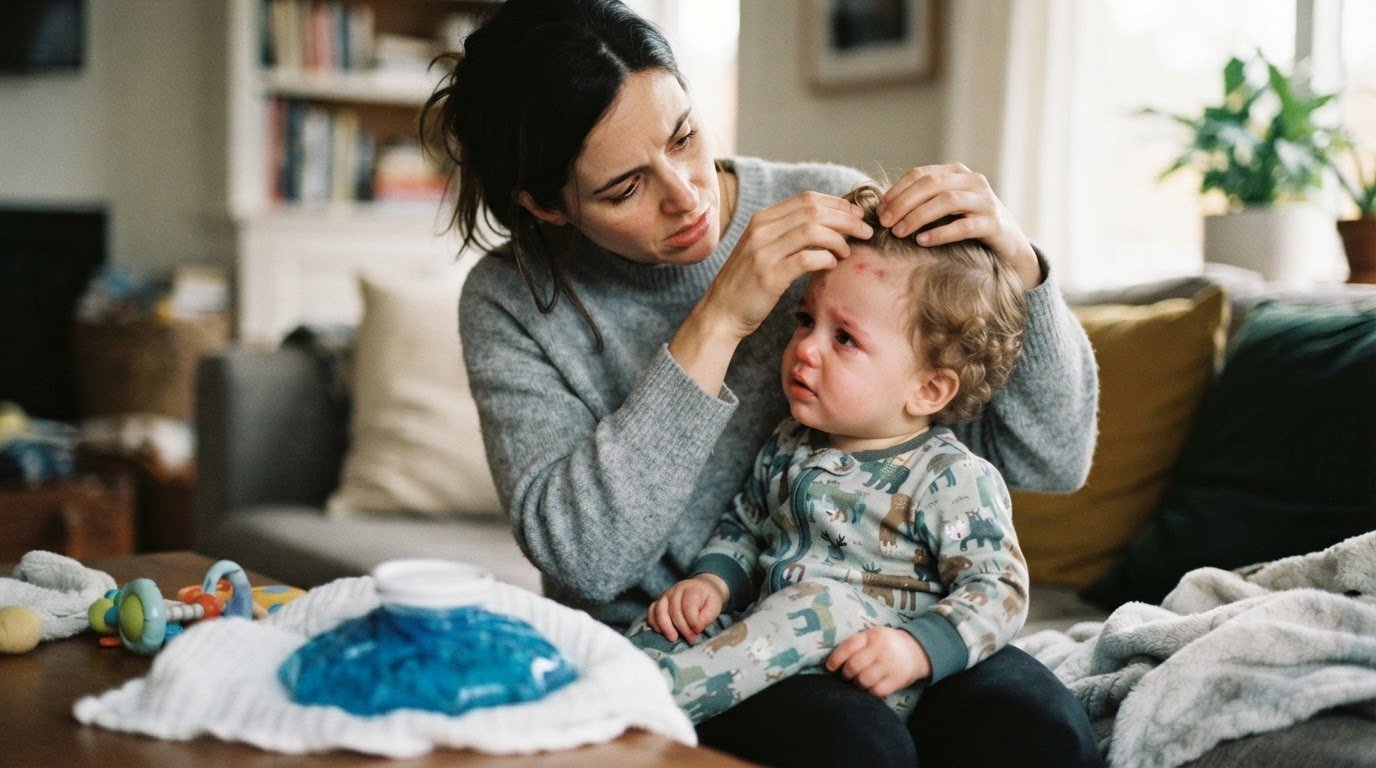 Parent examining baby head after fall