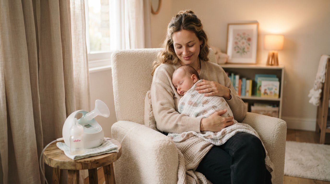 Teething baby refusing bottle with parent offering teething toy