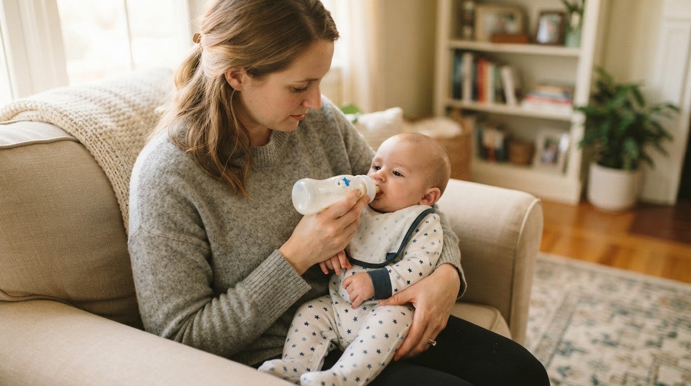 Parent reading soy formula label
